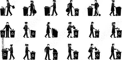 People recycling and disposing waste set of black silhouette icons representing garbage management trash collection environmental sustainability and urban waste disposal service silhouettes