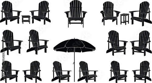 Set of Adirondack chair silhouettes vector icons including pairs single chairs small tables and a large patio umbrella isolated for outdoor furniture landscape design and leisure