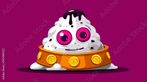 A cute, cartoonish creature with white, textured body, big pink eyes, and chocolate drip, on a purple background