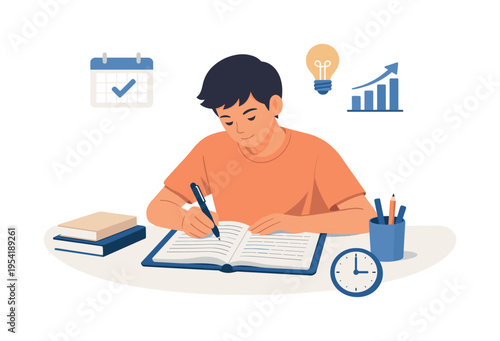 An educational context showing a student engaged in daily practice to strengthen knowledge and build confidence over time, emphasizing routine and structured learning habits, a