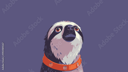 Digitized illustration of a sloth looking upwards, with an orange collar, on a purple background