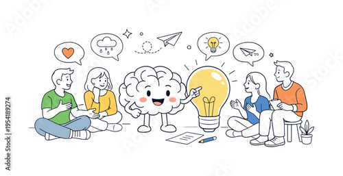 Mental health awareness and creative thinking concept where a playful brain shaped character interacts with a small group of people discussing ideas and emotions in a relaxed