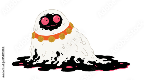 A cartoonish blob with a black face and pink eyes, adorned with a golden collar. It sits in a pool of ink