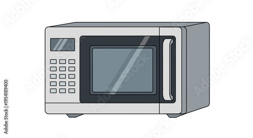 Simple cartoon illustration of a grey microwave oven on a white background.