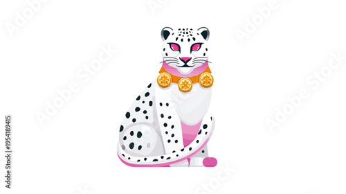 A regal feline illustration, adorned with spotted fur, gold accents, and a jewel-toned neckpiece