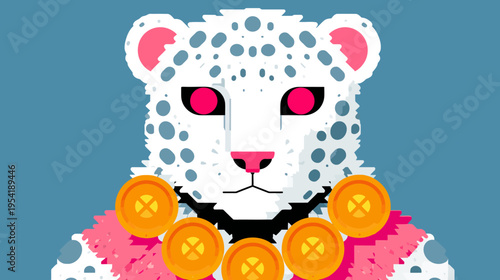 A stylized cat portrait with pink eyes, spots, and coins around its neck, on blue background