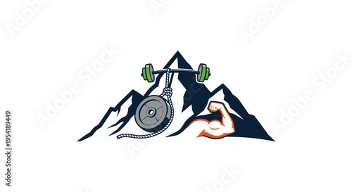 Mountain fitness logo with barbell, rope, and flexing arm for strength training.