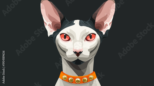 Pixelated portrait of a hairless feline with piercing red eyes and a decorative collar
