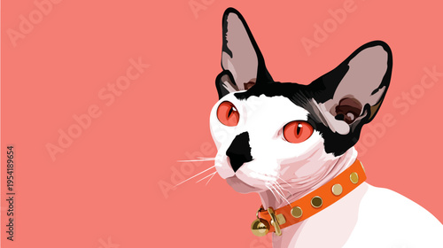 A Sphynx cat portrait in pop art style with a collar and a bell against a coral background