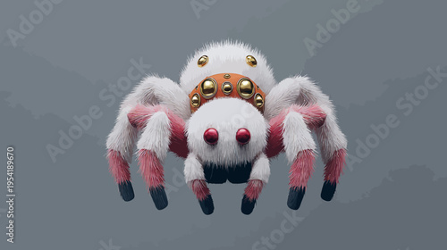 Artistic illustration of a furry spider with elaborate golden adornments on a gray backdrop