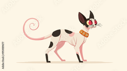 A stylized illustration of a hairless cat with a spotted coat, wearing a decorated collar