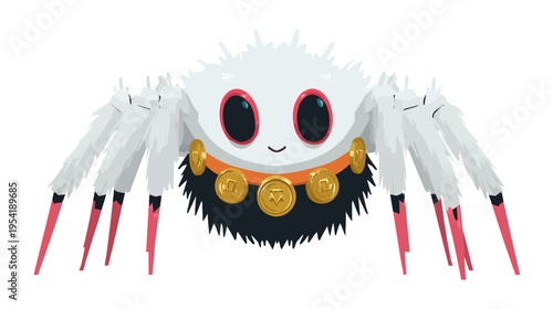 A smiling, cartoonish arachnid with fluffy white body, red-eyed face, and golden coin necklace