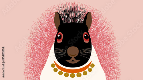 A stylized illustration of a creature with black face, brown ears, and pink quill-like fur