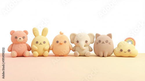 Photos Cute Kawaii Plush Toy Characters Collection, Soft Pastel 3D Inflated Style, Cozy