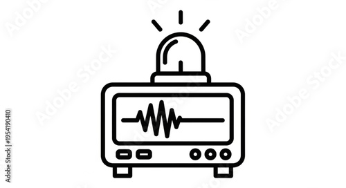Seismograph machine detecting earthquake waves with alarm light.