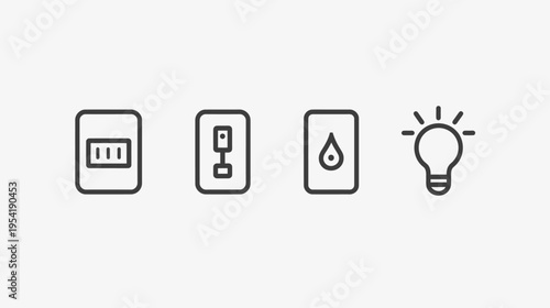 A minimalist icon set displaying common symbols a switch, outlet, water drop, and a lightbulb