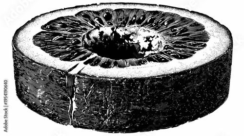 A black and white, cross-sectional illustration of a citrus fruit, displaying texture and core