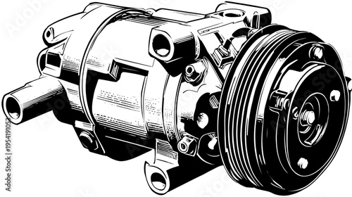 Black and white illustration of an automotive air conditioning compressor