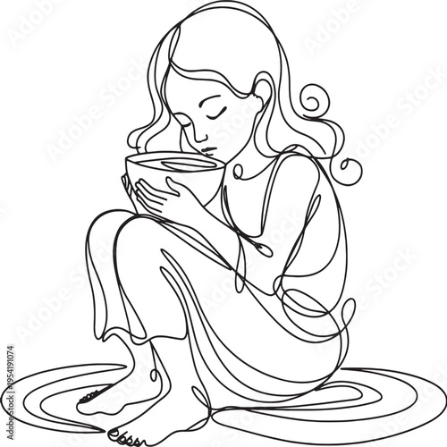 A woman with long hair delicately holds a cup captured in a flowing silhouette high-quality