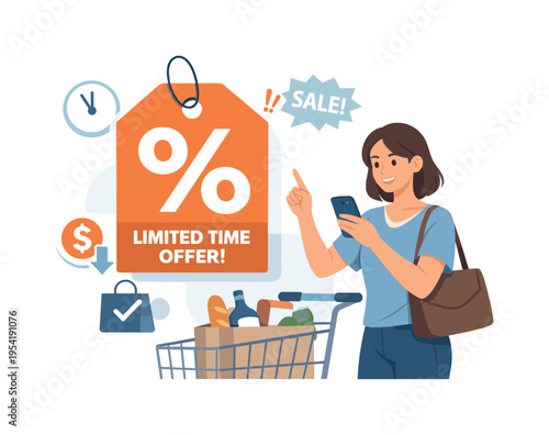 A retail promotion scene where a customer discovers a limited time deal and makes a confident purchase decision, focusing on value and smart shopping behavior in a modern