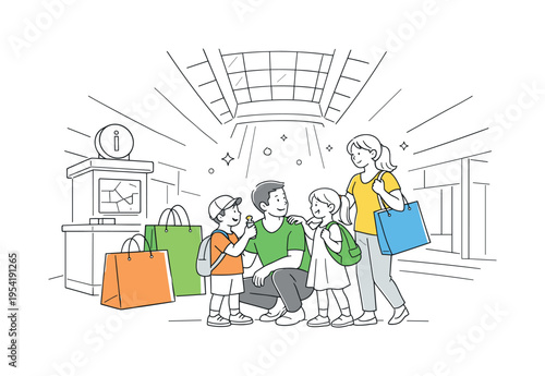 A family-oriented shopping mall atrium scene showing parents and children gathering between stores after a successful trip, representing balanced lifestyle, shared decision making