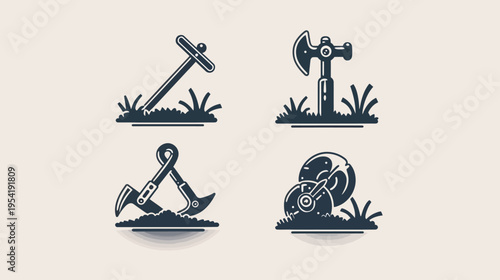 Monochrome vector icons showing tools (hoe, axe, anchor, dial) resting on the ground
