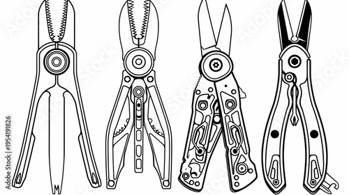 Four tool configurations in black and white line art, depicting various pliers and scissors