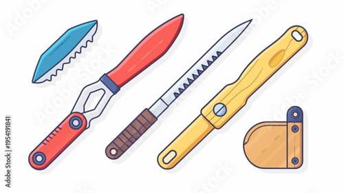 An array of vibrant, colorful knives & a sheath illustration isolated on a white canvas