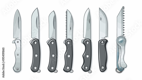 Line of folding pocket knives with silver blades and dark handles, in various styles