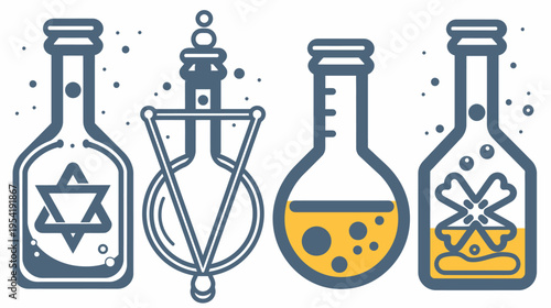 Four stylized lab bottles with different contents & symbol, in blue and yellow tones
