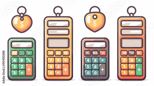 Four stylized calculators and two heart-shaped tags against a white background
