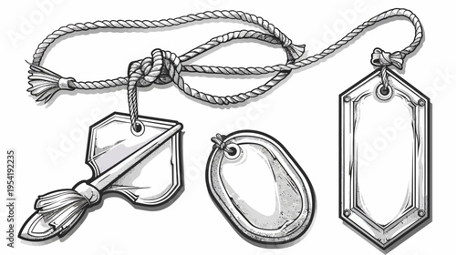 Detailed sketch of three varied blank price tags with rope, vintage style