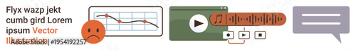Data analysis, communication tools, media playback, music streaming, feedback, viewer behavior. Icons include a graph, sad face media player sound controls and speech bubble. Data analysis