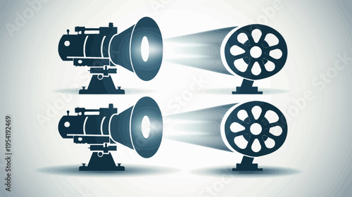 Stylized dark blue illustration of film projectors with shining reels, on gradient