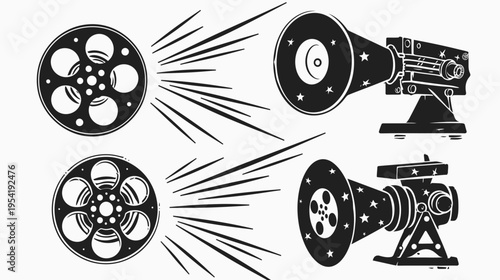 Retro film projectors and reels with light trails on a white background in vector format