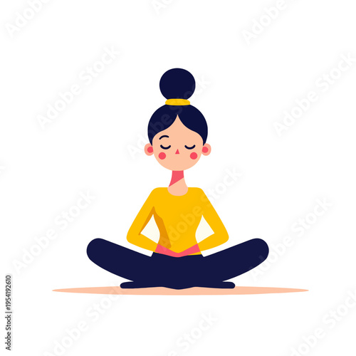 Young woman meditating in lotus pose, serene yoga practice, calm mind and healthy lifestyle concept, flat design illustration with copy space