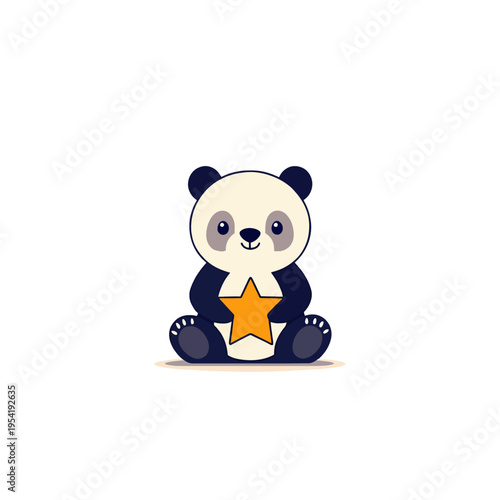 Cute cartoon panda bear holding an orange star, sitting happily with a smile, isolated on white background Concept of achievement, success, and childhood joy