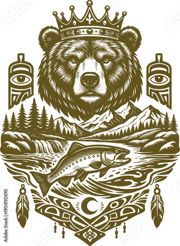 Crowned Bear Salmon River Totem Native Art