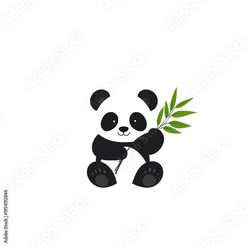 Cute baby panda holding bamboo leaves, sitting and smiling Adorable cartoon animal illustration for childrens books, nature, and wildlife themes Concept of innocence and joy