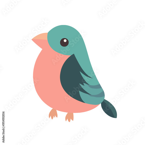 Cute cartoon bird, small, round, pink and teal, with simple design, isolated on white background, representing nature, wildlife, and innocence