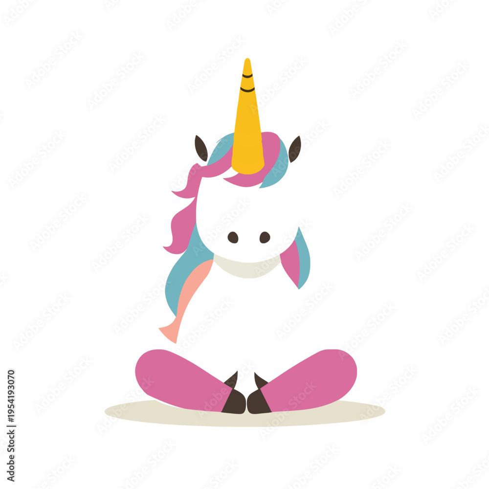 Fototapeta premium Cute cartoon unicorn meditating in lotus pose, peaceful mythical creature with colorful mane and horn, concept of mindfulness, fantasy, and relaxation