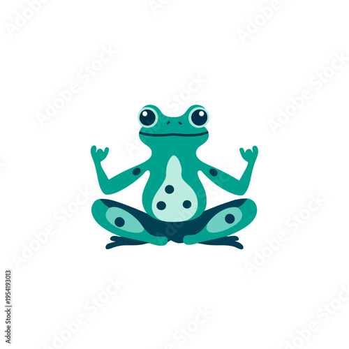 Green frog meditating in lotus pose, calm and serene, with hands in mudra gesture, symbolizing peace, mindfulness, and yoga