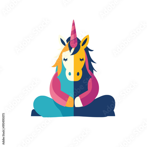 Cartoon unicorn meditating in lotus pose, serene mythical creature with closed eyes, promoting mindfulness, yoga, and inner peace Whimsical, colorful, and positive illustration for wellness and fantas