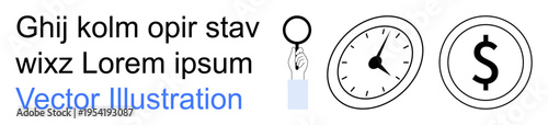 Business analysis, time management, financial planning, investment analysis, economic evaluation, decision-making processes. A magnifying glass, clock and dollar sign . Business analysis and time