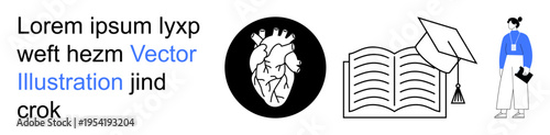 Education, health, anatomy, knowledge sharing, student life, academic learning. Heart illustration, open book graduate figure. Education and health highlight learning and anatomy concepts