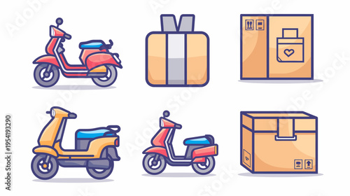 Six illustrated elements showcasing delivery with scooters and parcels in flat style