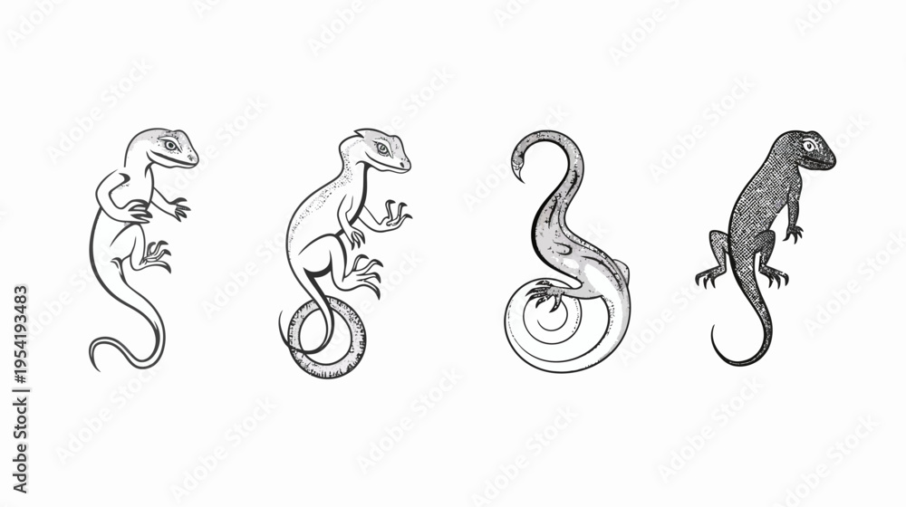 Fototapeta premium Four stylized lizards, rendered in monochrome with varying levels of texture detail