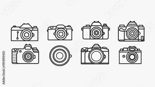 Vector illustration showing eight black outlined simplistic camera icons on white backdrop