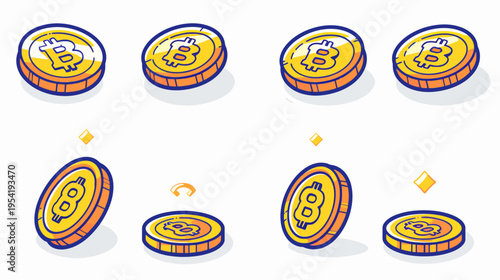 Cartoonish gold coins with letter 'B' in blue outline on white background, in various positions