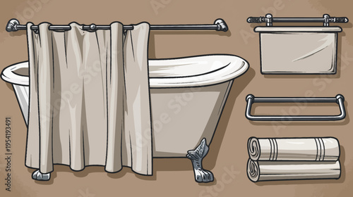 Stylized bathroom scene with a clawfoot tub, shower curtain, and rolled towels